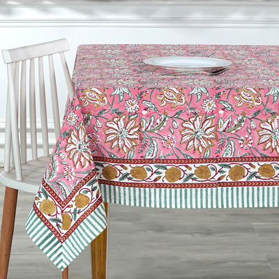 Fabricrush Candy Pink Indian Floral Hand Block Printed Cotton Tablecloth, Dining Table Cover for Farmhouse Party Wedding Home Housewarming Baby Shower