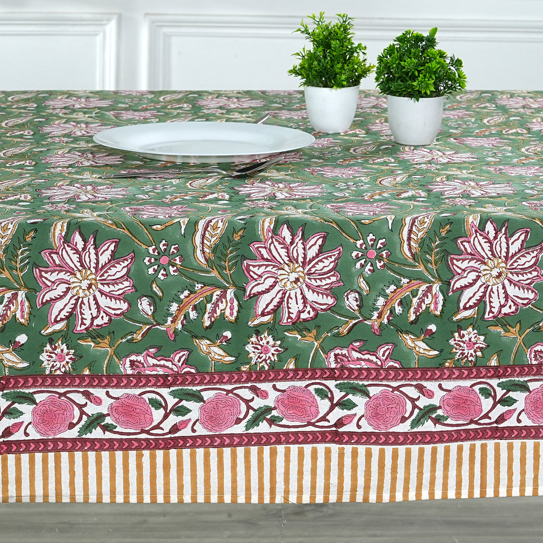 Fabricrush Hunter Green Indian Floral Hand Block Print Cotton Tablecloth, Dining Table Cover for Farmhouse Party Wedding Home Housewarming Baby Shower, Custom Table Cloth, Gift for her, gifts, Valentine's day, Spring, Easter