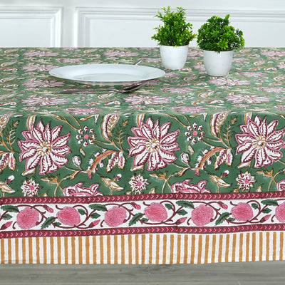 Fabricrush Hunter Green Indian Floral Hand Block Print Cotton Tablecloth, Dining Table Cover for Farmhouse Party Wedding Home Housewarming Baby Shower