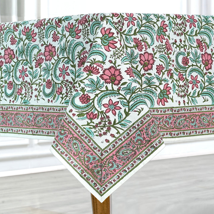 Fabricrush Tablecloth, Tulip Pink, Mint Green Indian Hand Block Floral Printed Cotton Table Cover, Table Top, French Tablecloth, Wedding Home Fall Bar, Gift for her, gifts, Valentine's day, Spring, Easter