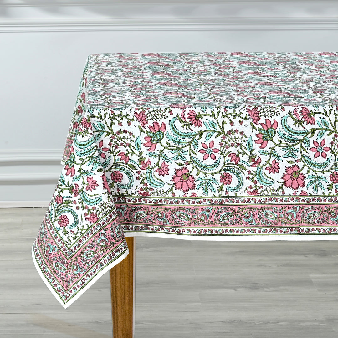 Fabricrush Tablecloth, Tulip Pink, Mint Green Indian Hand Block Floral Printed Cotton Table Cover, Table Top, French Tablecloth, Wedding Home Fall Bar, Gift for her, gifts, Valentine's day, Spring, Easter