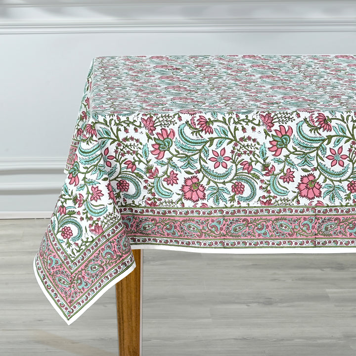 Fabricrush Tablecloth, Tulip Pink, Mint Green Indian Hand Block Floral Printed Cotton Table Cover, Table Top, French Tablecloth, Wedding Home Fall Bar, Gift for her, gifts, Valentine's day, Spring, Easter