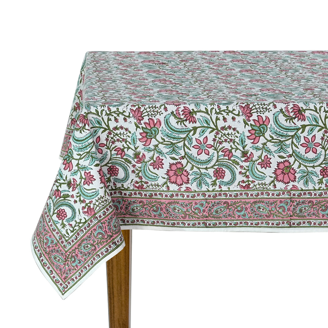 Fabricrush Tablecloth, Tulip Pink, Mint Green Indian Hand Block Floral Printed Cotton Table Cover, Table Top, French Tablecloth, Wedding Home Fall Bar, Gift for her, gifts, Valentine's day, Spring, Easter