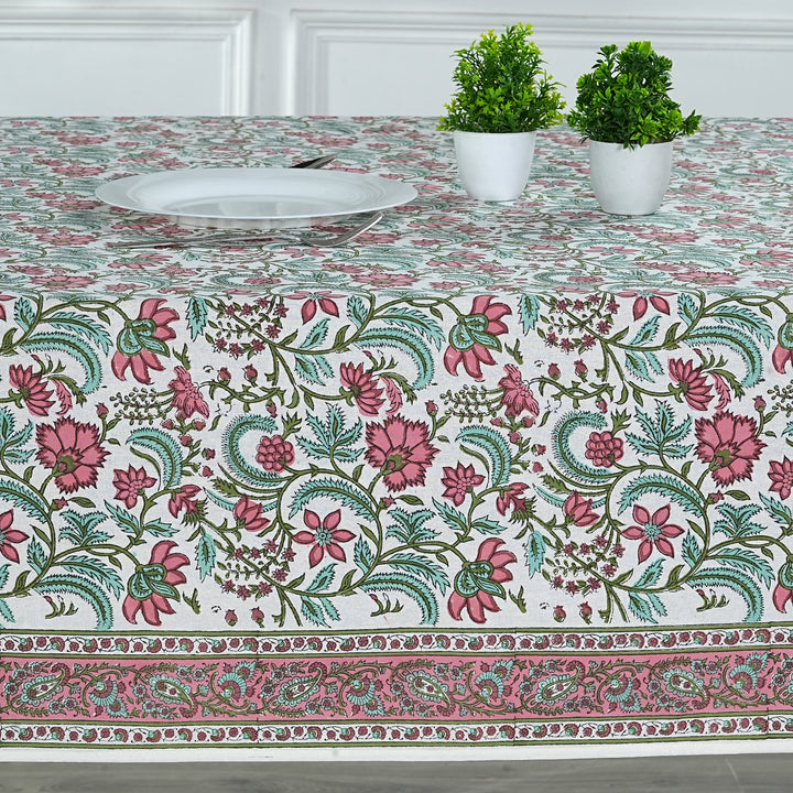 Fabricrush Tablecloth, Tulip Pink, Mint Green Indian Hand Block Floral Printed Cotton Table Cover, Table Top, French Tablecloth, Wedding Home Fall Bar, Gift for her, gifts, Valentine's day, Spring, Easter