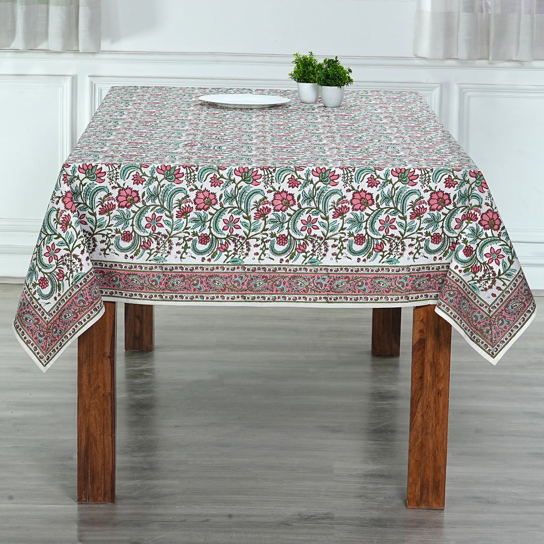 Fabricrush Tablecloth, Tulip Pink, Mint Green Indian Hand Block Floral Printed Cotton Table Cover, Table Top, French Tablecloth, Wedding Home Fall Bar, Gift for her, gifts, Valentine's day, Spring, Easter