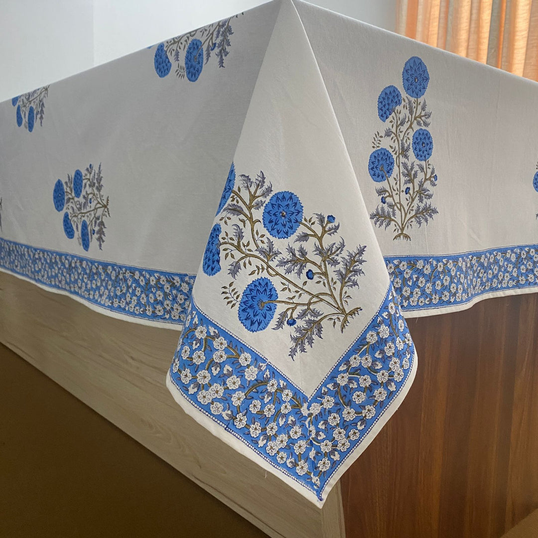 Lapis Blue White Base Indian Floral Hand Block Printed Cotton Tablecloth