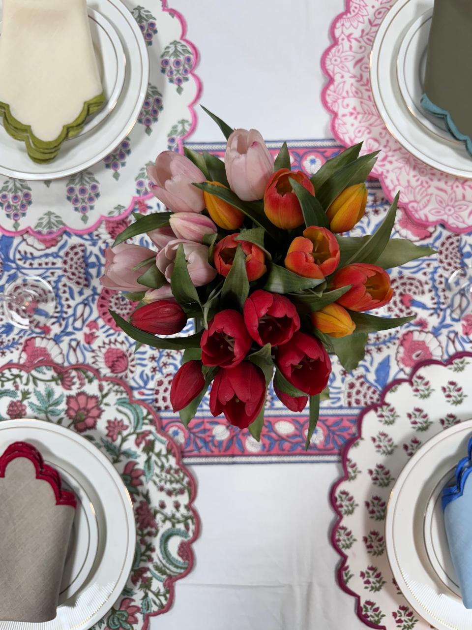 Fabricrush Pigeon Blue and Flamingo Pink Indian Hand Block Floral Printed Cotton Cloth Table Runner, Table Decor