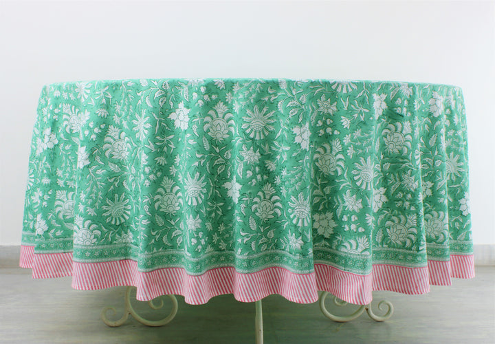 Fabricrush Mint Green Indian Hand Block Floral Printed Cotton Round Tablecloth, Outdoor Garden and Decor, Home Decor and Gifts, Gift for her, gifts, Valentine's day,  Easter, Spring