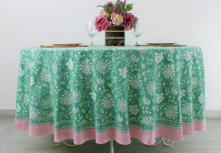 Fabricrush Mint Green Indian Hand Block Floral Printed Cotton Round Tablecloth, Outdoor Garden and Decor, Home Decor and Gifts, Gift for her, gifts, Valentine's day,  Easter, Spring