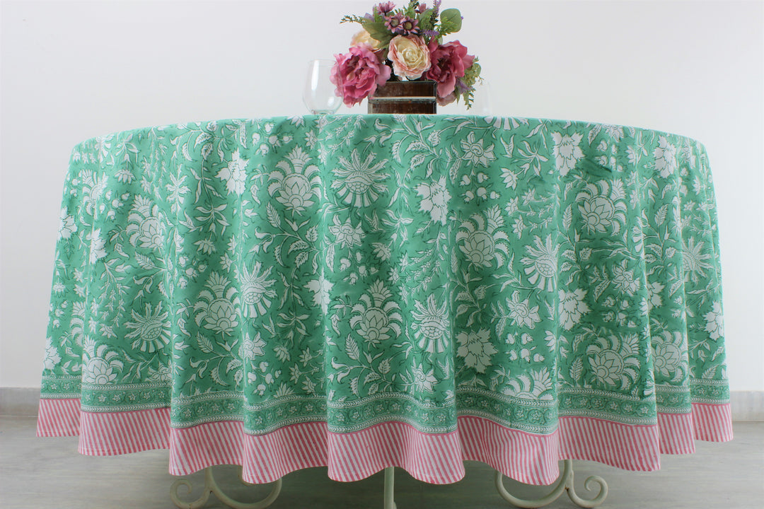 Fabricrush Mint Green Indian Hand Block Floral Printed Cotton Round Tablecloth, Outdoor Garden and Decor, Home Decor and Gifts, Gift for her, gifts, Valentine's day,  Easter, Spring