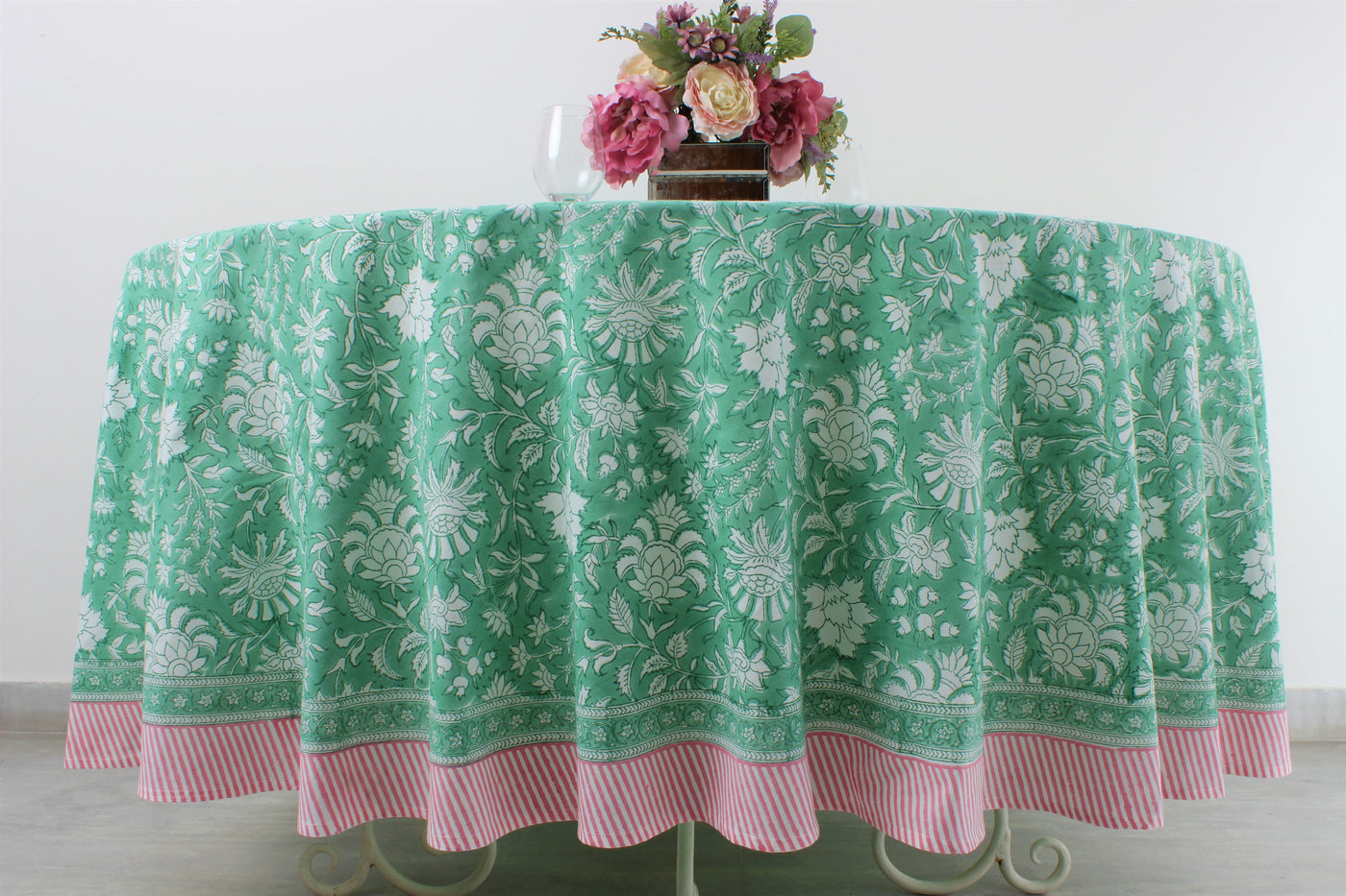 Fabricrush Mint Green Indian Hand Block Floral Printed Cotton Round Tablecloth, Outdoor Garden and Decor, Home Decor and Gifts, Gift for her, gifts, Halloween, Christmas, Thanksgiving