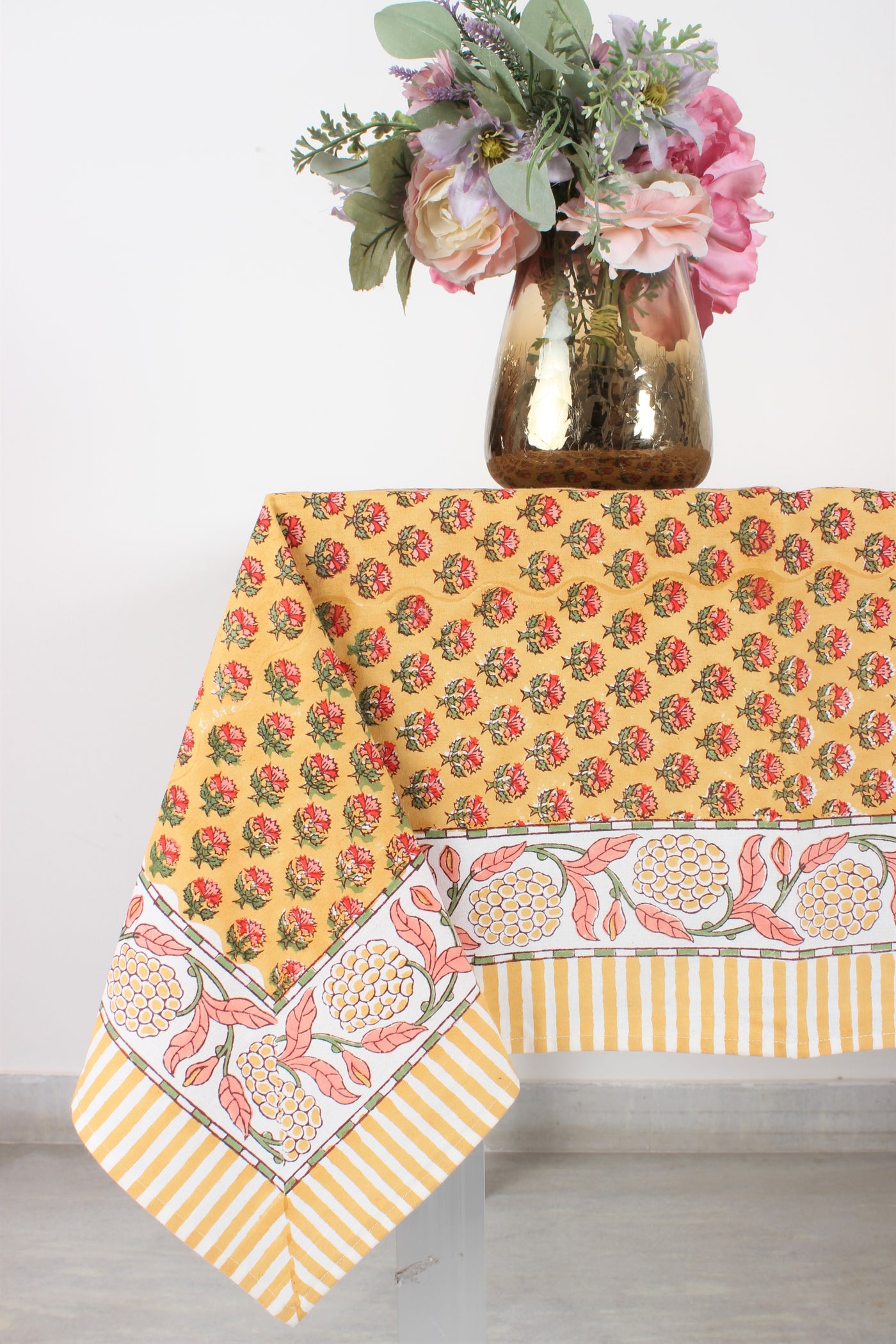 Fibricrush Yellow Indian Hand Block Printed Cotton Cloth Tablecloth, Table Covers, Fall Decor Table Linen, Wedding Farmhouse Home Party Picnic