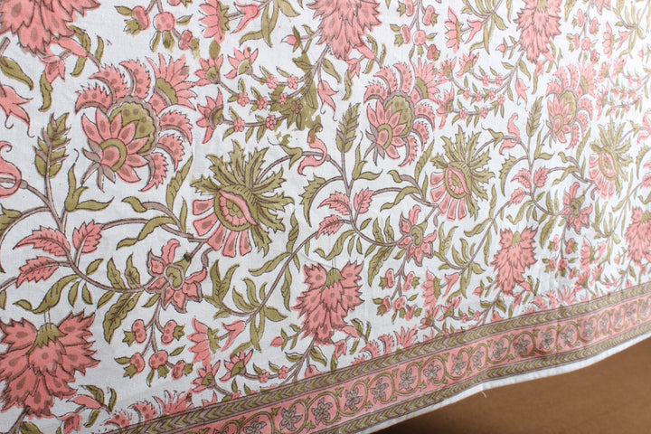 New York Pink and Olive Green Indian Floral Hand Block Printed Cotton Tablecloth