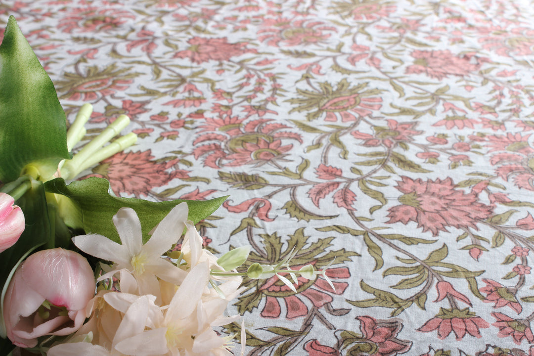 New York Pink and Olive Green Indian Floral Hand Block Printed Cotton Tablecloth