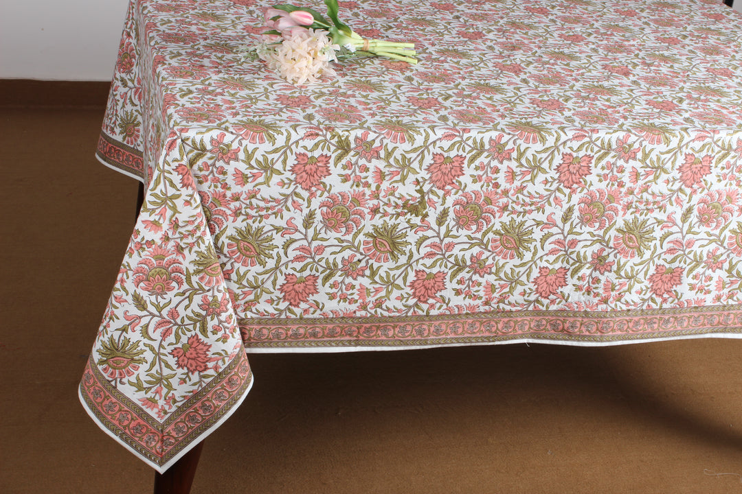 New York Pink and Olive Green Indian Floral Hand Block Printed Cotton Tablecloth