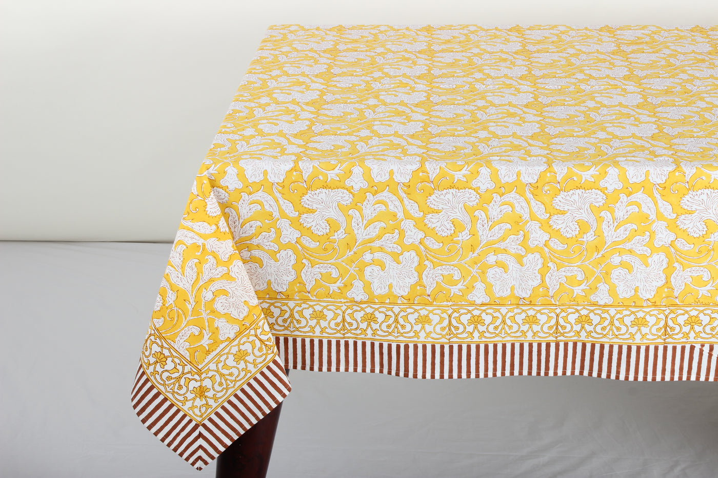 Fabricrush Saffron Yellow, Deep Pruce and off White Indian Hand Block Floral Printed Pure Cotton Tablecloth Dining Table Cover, Farmhouse Wedding Party