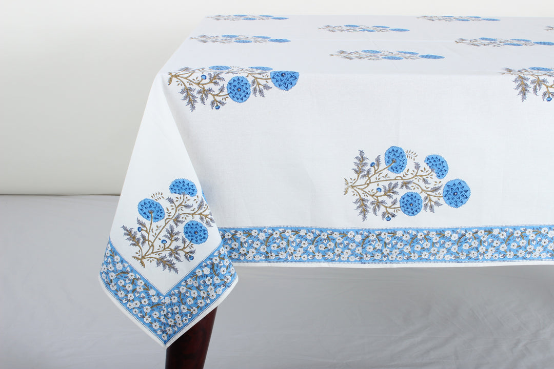 Lapis Blue White Base Indian Floral Hand Block Printed Cotton Tablecloth