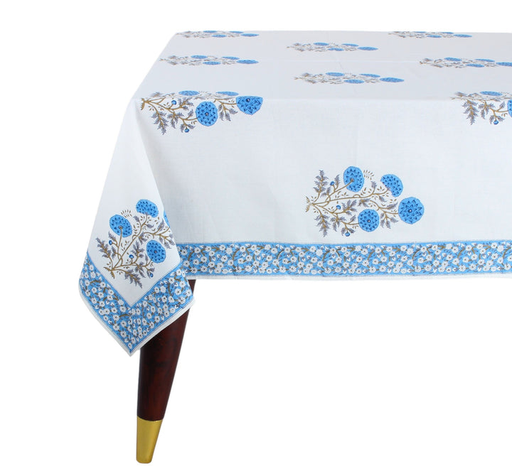 Lapis Blue White Base Indian Floral Hand Block Printed Cotton Tablecloth