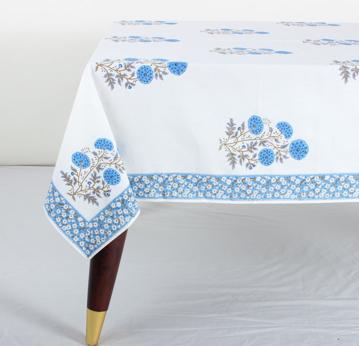 Lapis Blue White Base Indian Floral Hand Block Printed Cotton Tablecloth