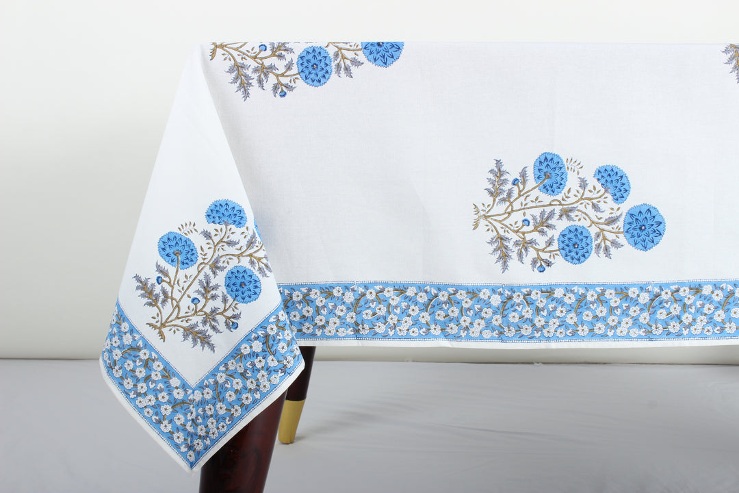 Lapis Blue White Base Indian Floral Hand Block Printed Cotton Tablecloth