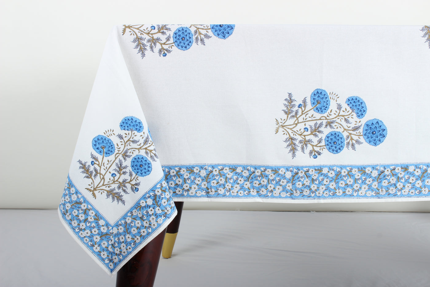 Fabricrush Lapis Blue Cotton Tablecloth, Hand block Print Floral Table Cloth for Kitchen Dining Linen