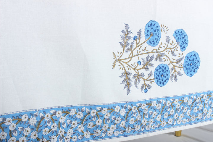 Lapis Blue White Base Indian Floral Hand Block Printed Cotton Tablecloth