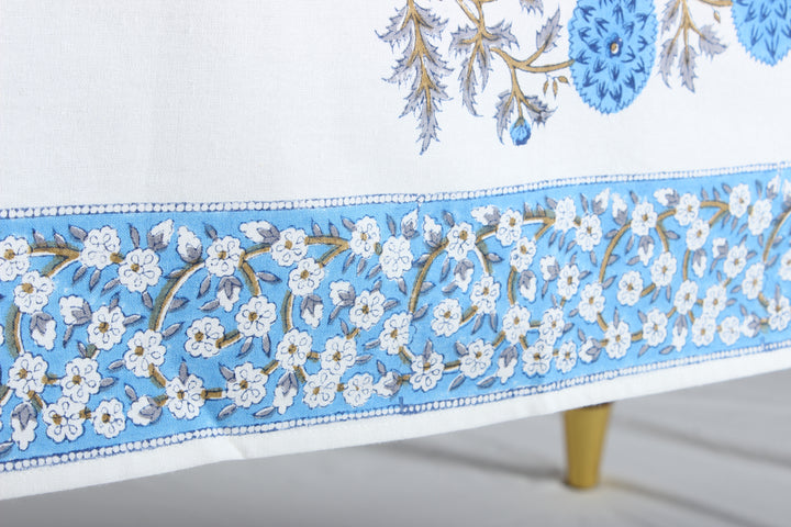 Lapis Blue White Base Indian Floral Hand Block Printed Cotton Tablecloth