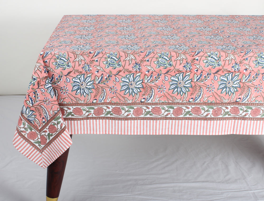 Hand block printed Peach and Berry Blue tablelcoth - The Fabricrush - Image 2