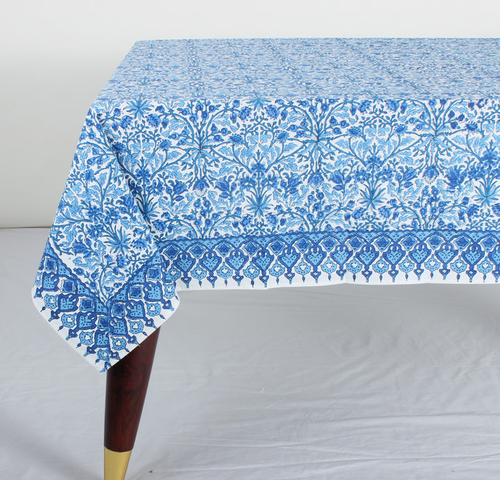 Dark Royal Blue Indian Floral Hand Block Printed Cotton Tablecloth