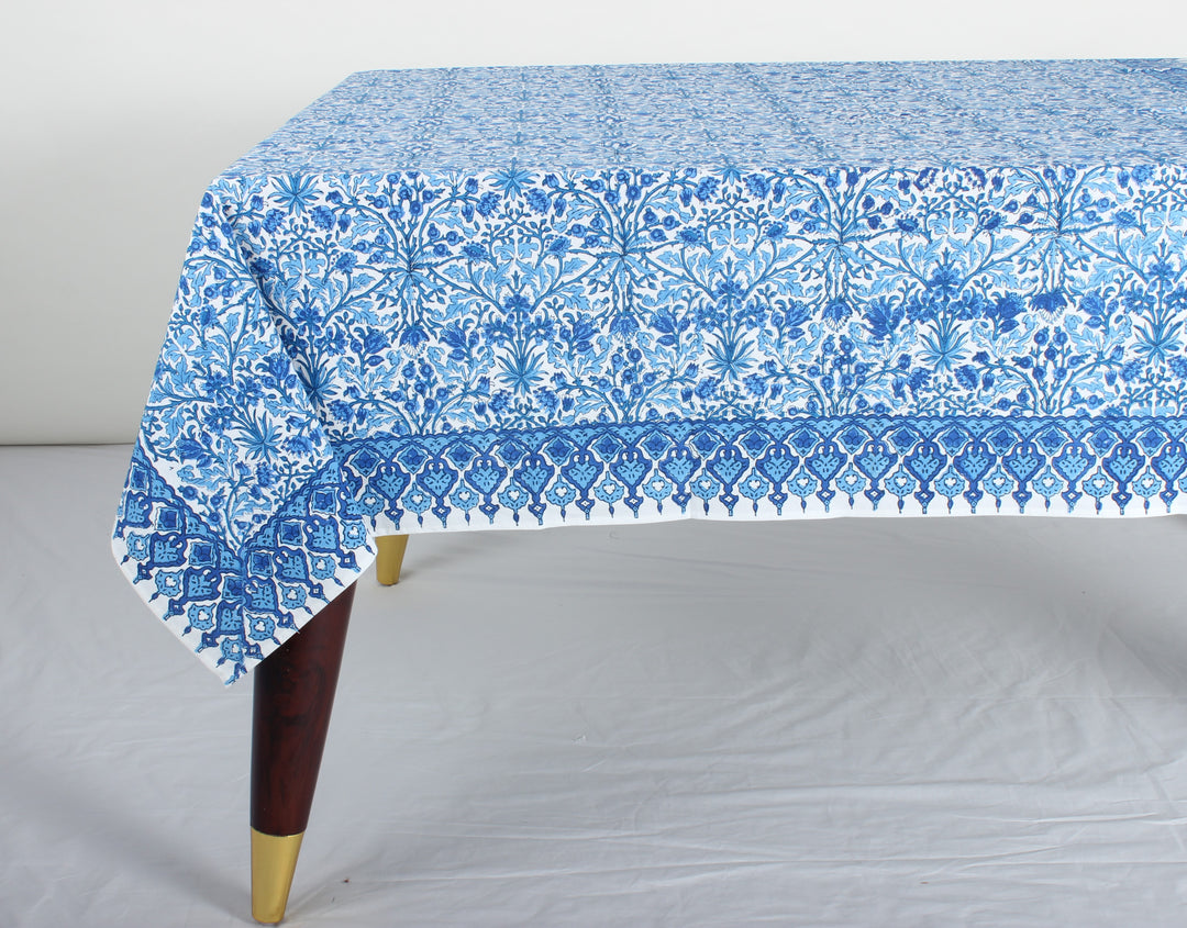 Dark Royal Blue Indian Floral Hand Block Printed Cotton Tablecloth