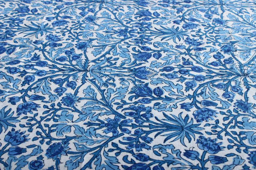 Dark Royal Blue Indian Floral Hand Block Printed Cotton Tablecloth