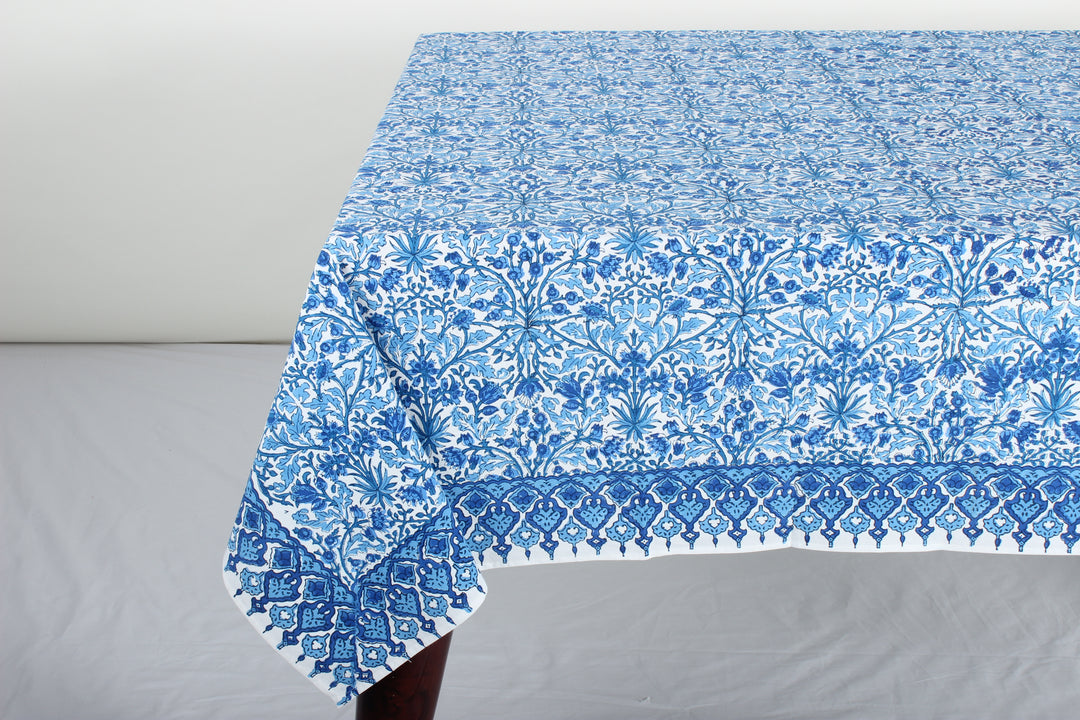 Dark Royal Blue Indian Floral Hand Block Printed Cotton Tablecloth