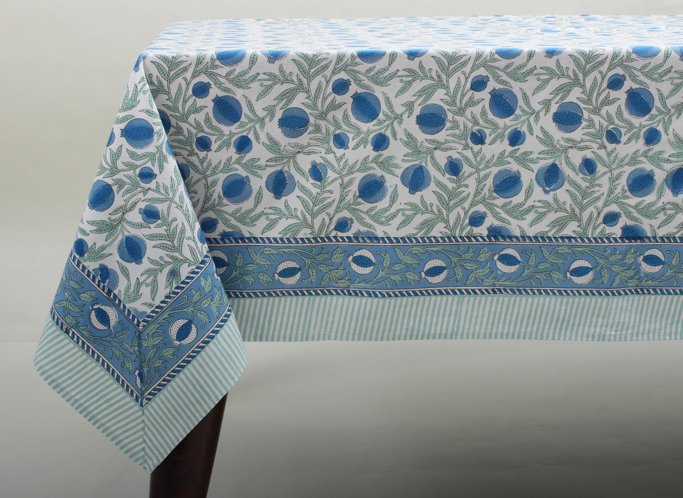 Fabricrush Tablecloth, Queen Blue, Celadon Green Indian Floral Hand Block Printed Table Cover, French Tablecloth, Pomegranate Print Dinning Tablecloth