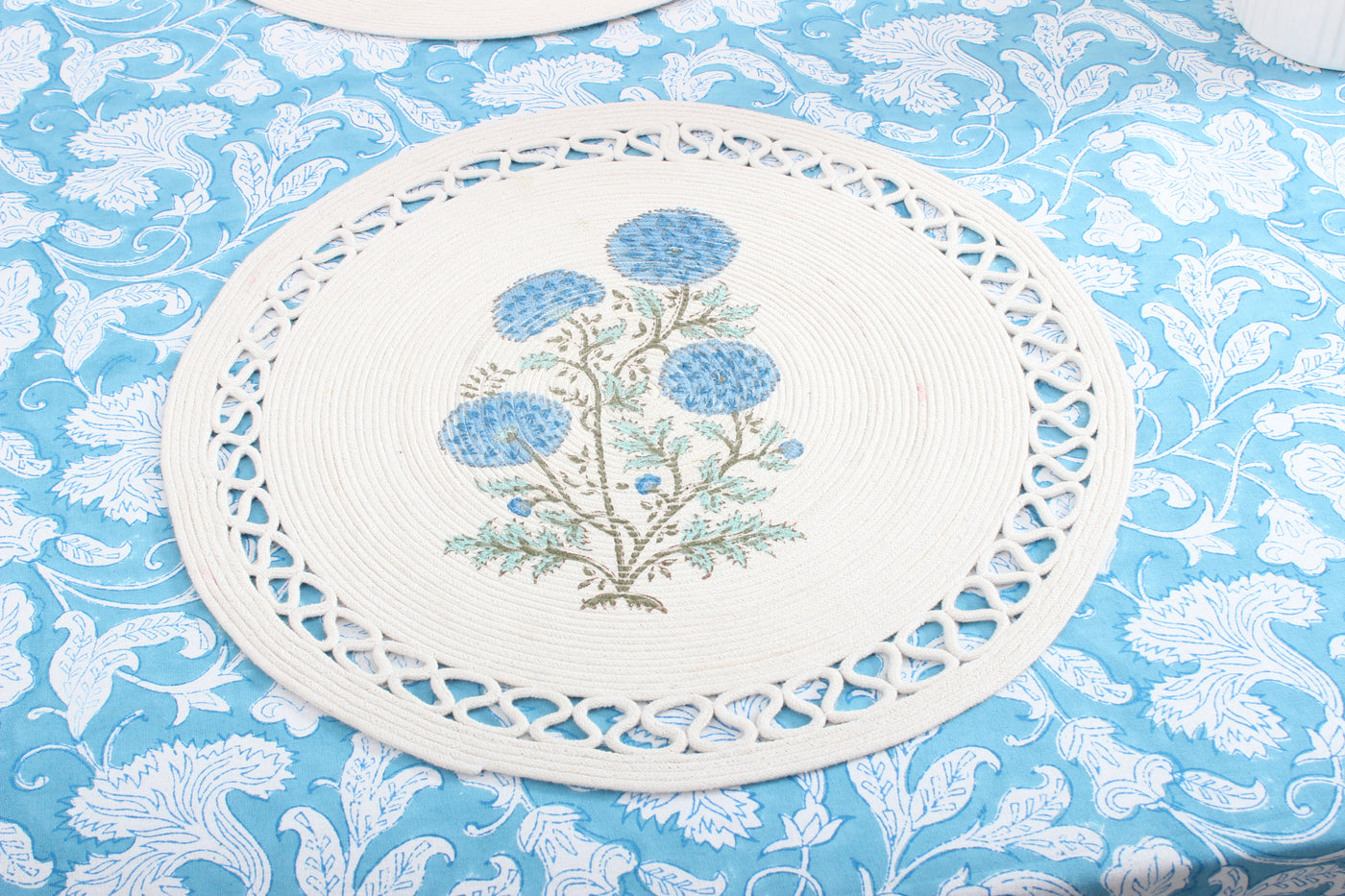Fabricrush Turkish and Magic Blue Indian Floral Hand Block Printed Cotton Cloth Tablecloth Table Cover, Farmhouse Wedding Events House Party Restaurant