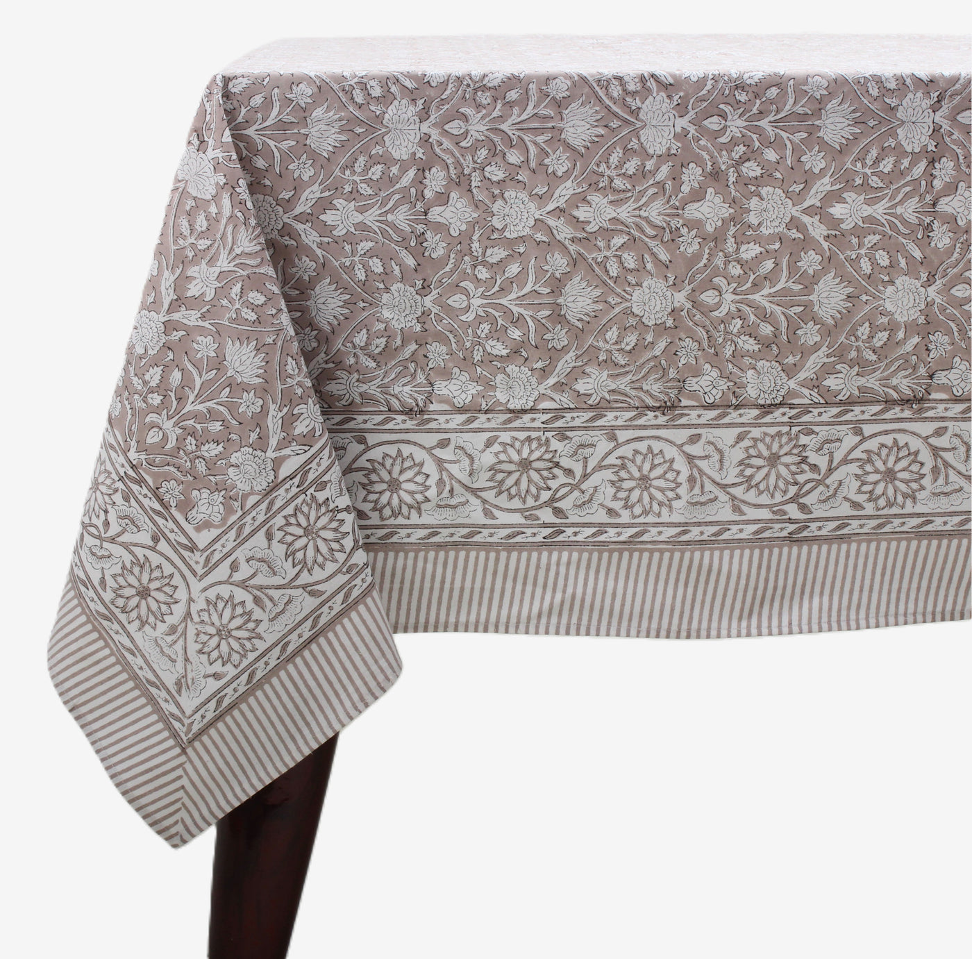 Fabricrush Taupe and Off White Indian Hand Block Floral Printed Pure Cotton Cloth Tablecloth, Farmhouse Housewarming Wedding Restaurant Party Home Fall