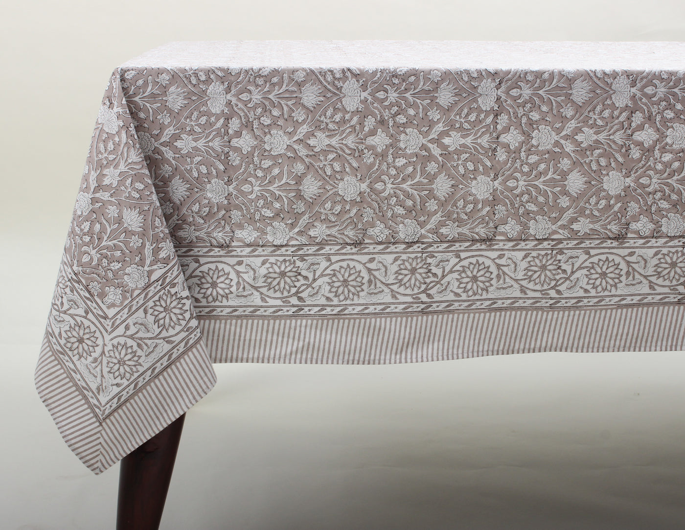Fabricrush Taupe and Off White Indian Hand Block Floral Printed Pure Cotton Cloth Tablecloth, Farmhouse Housewarming Wedding Restaurant Party Home Fall