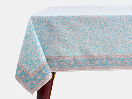 Fabricrush Turquoise Blue Indian Traditional Hand Block Printed Cotton Tablecloth for Dining Housewarming Kitchen Center Table