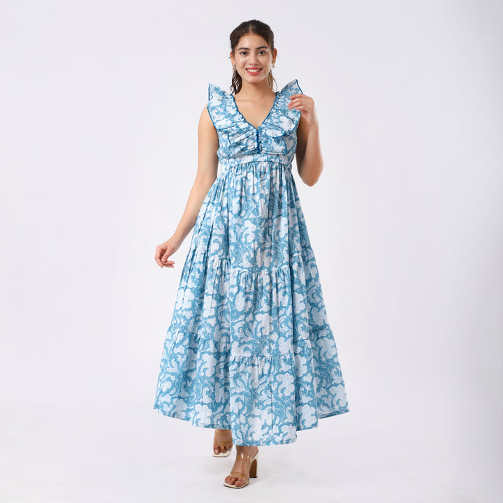 Boho Floral Ruffle Maxi Dress with Pockets