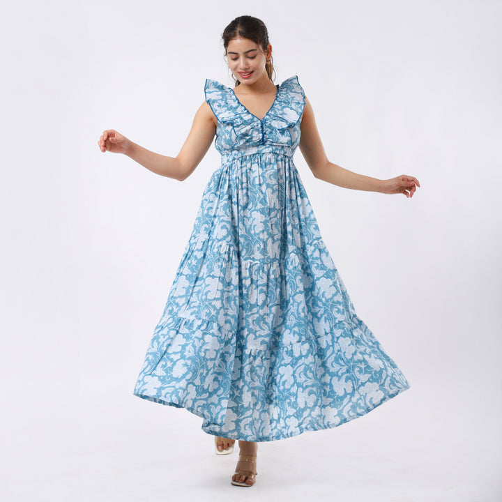 Boho Floral Ruffle Maxi Dress with Pockets