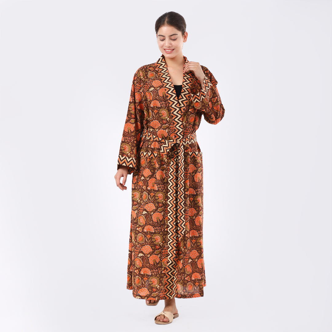 Burgundy Floral Print Cotton Women Kimono Product Image 1