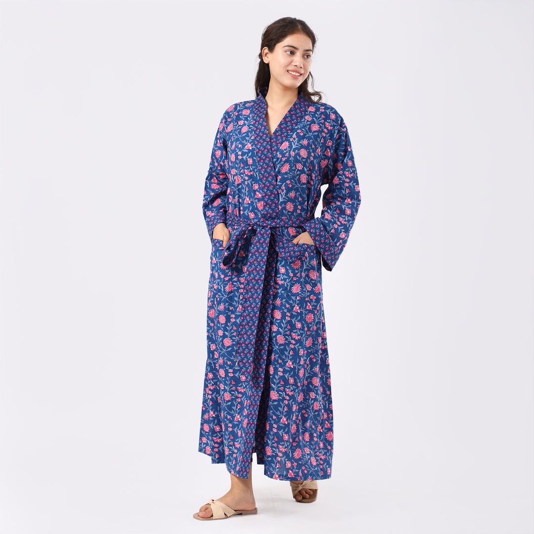 Millennial Blue Floral Print Cotton Women Kimono Product Image 1