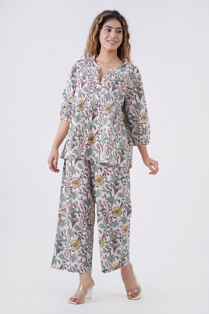 Fabricrush Indian Floral Hand Block Printed Cotton Summer Co-ords Set, Pajama, Comfort Wear, Daily Wear, Loose Fit Top and Pant