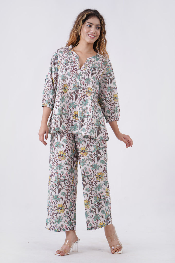 Fabricrush Indian Floral Hand Block Printed Cotton Summer Co-ords Set, Pajama, Comfort Wear, Daily Wear, Loose Fit Top and Pant