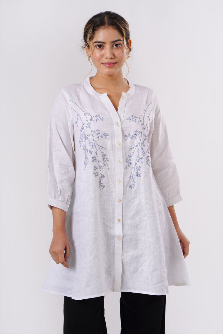 Fabricrush Indian White Linen Embroidery Summer Top, Comfort Wear, Office Wear, Daily Wear, Gift for Her, Gifts, Valentine's day, Spring, Easter