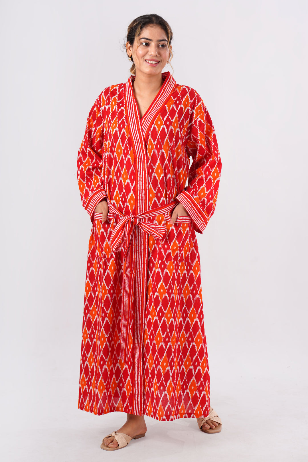 Red Ikkat Geometrical Print Cotton Kimono Product Image 1