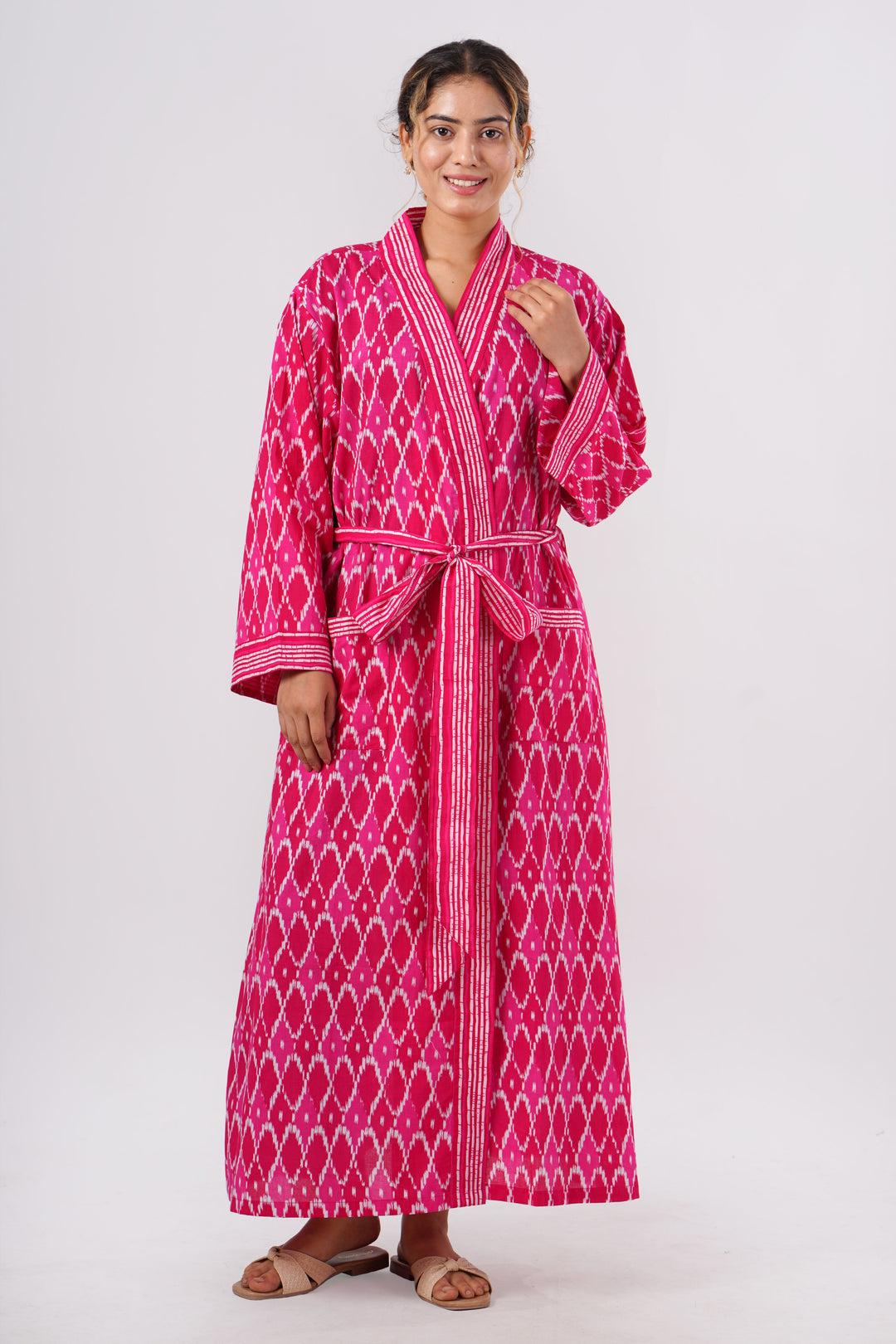 Pink Ikat Geometric Print Cotton Kimono Product Image 1