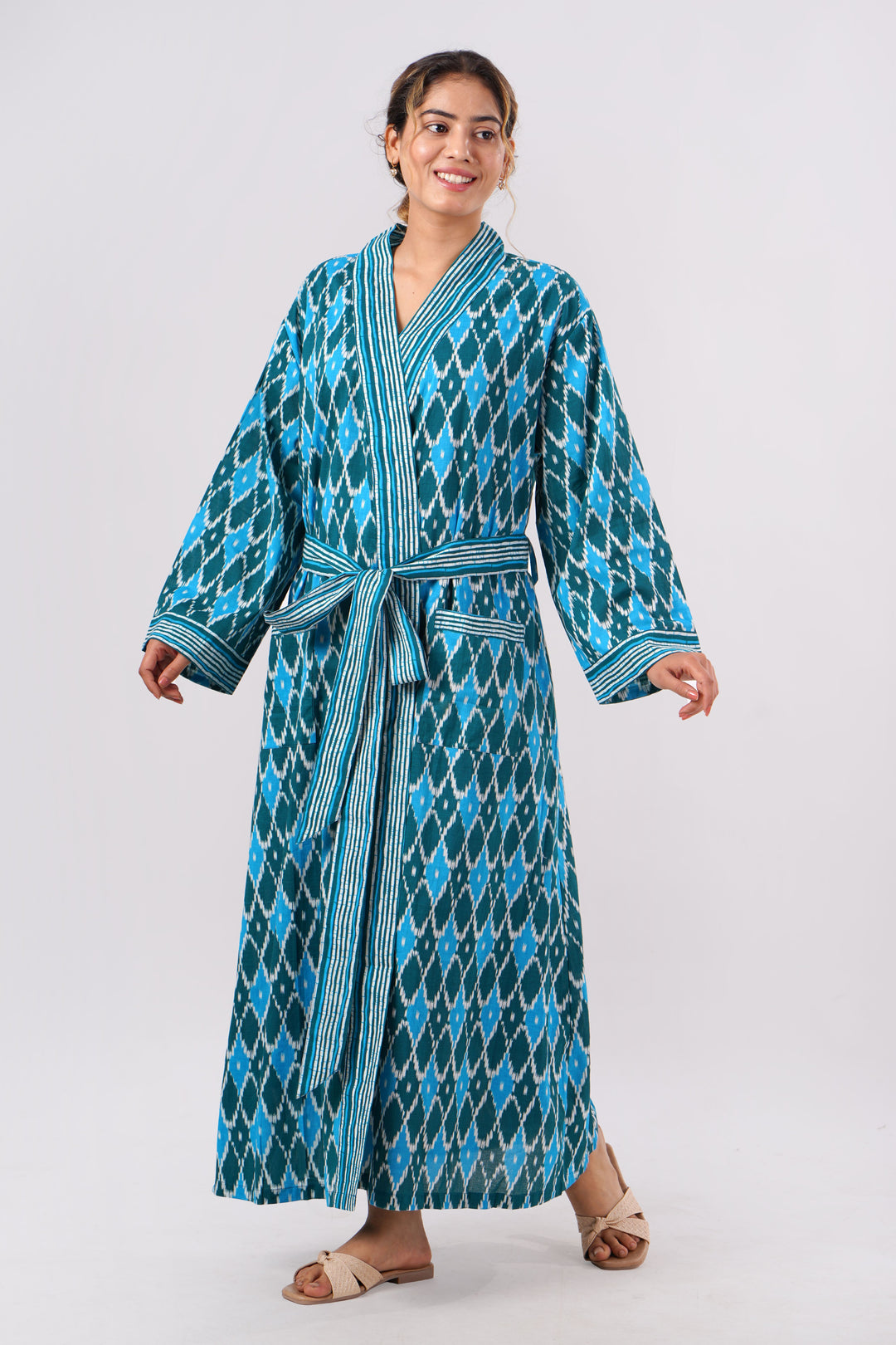 Blue Ikat Geometric Print Cotton Kimono Product Image 1