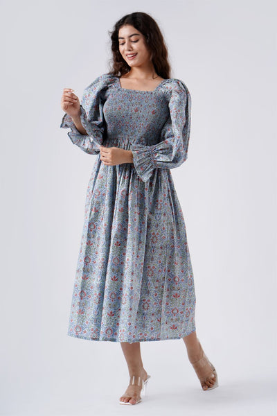 Fabricrush Airforce Blue Fit And Flare Squire Neck Women Dress With Pocket, Indian Hand Block Printed Cotton Dress for Summers, Wedding Dress, Comfort Wear, Maxi Dress, Daily Wear