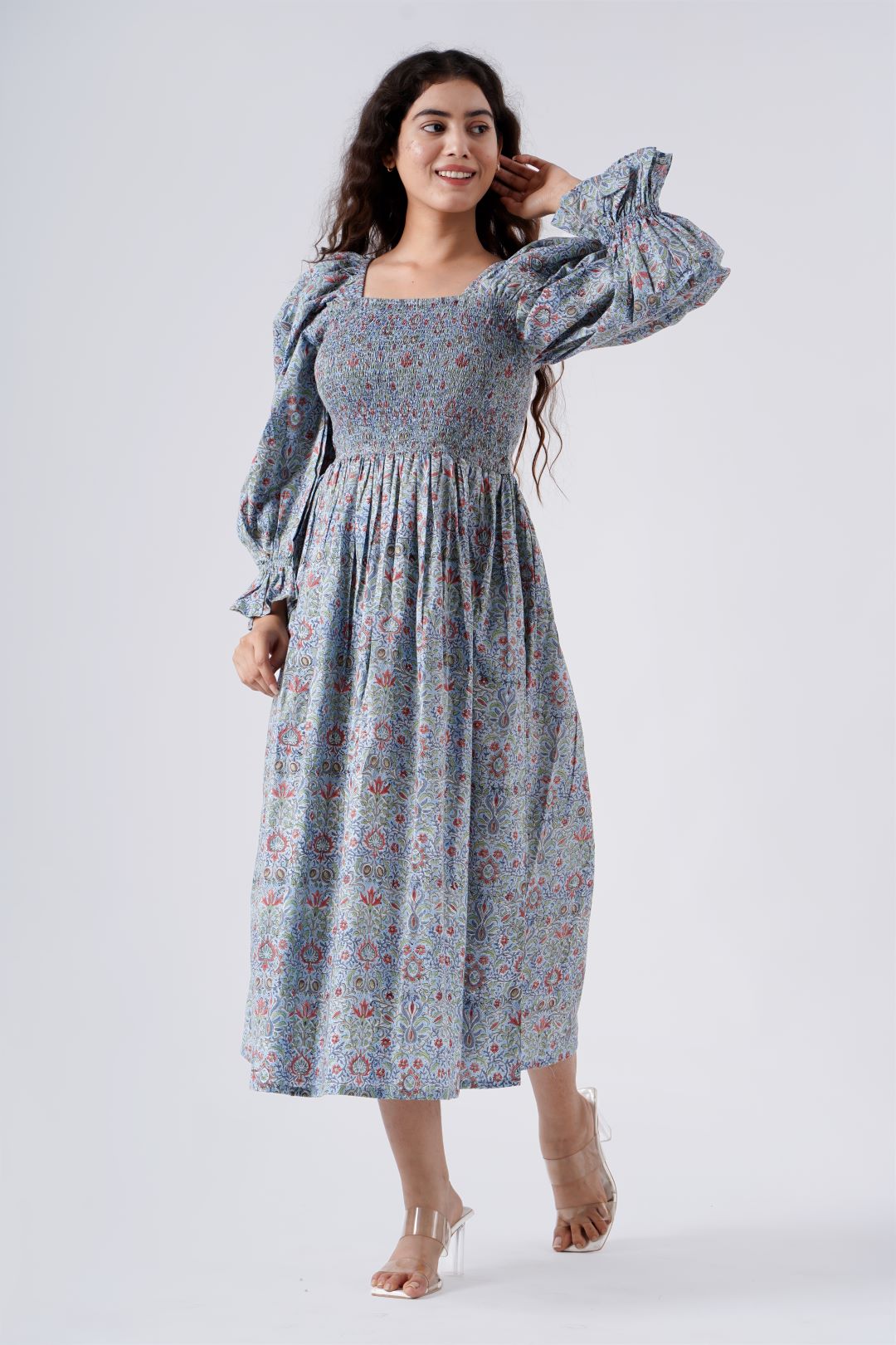 Fabricrush Airforce Blue Fit And Flare Squire Neck Women Dress With Pocket, Indian Hand Block Printed Cotton Dress for Summers, Wedding Dress, Comfort Wear, Maxi Dress, Daily Wear