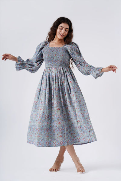 Fabricrush Airforce Blue Fit And Flare Squire Neck Women Dress With Pocket, Indian Hand Block Printed Cotton Dress for Summers, Wedding Dress, Comfort Wear, Maxi Dress, Daily Wear